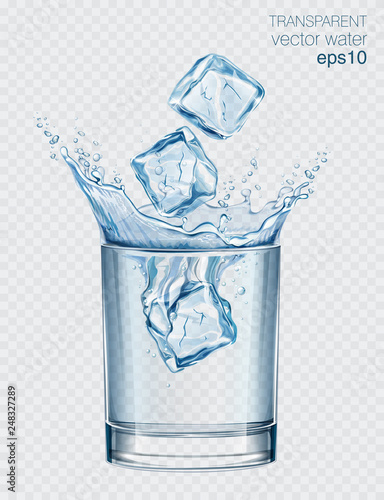 Transparent vector water splash in glass of water on light background