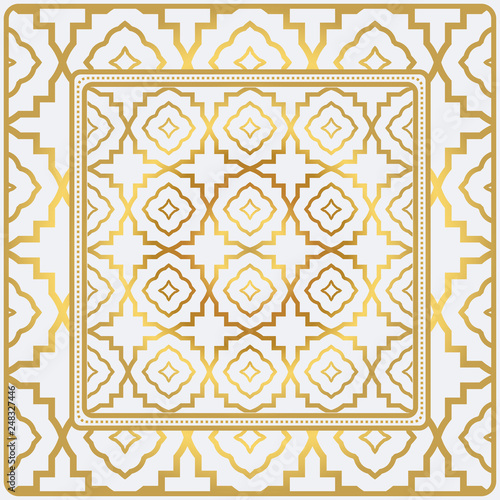 Geometric Pattern With Hand-Drawing Floral Ornament. Vector Illustration. For Fabric, Textile, Bandana, Scarg, Print. Gold color