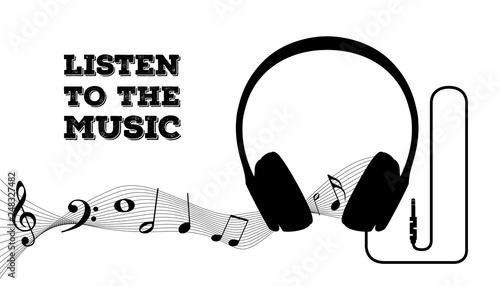 Headphone Silhouette With Music Notes - Listen To The Music - Vector Illustration - Isolated On White Background