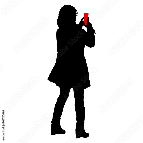 Silhouettes woman taking selfie with smartphone on white background