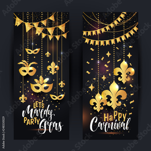Mardi Gras gold vertical banners set with a mask and fleur-de-lis, isolated on black background. Vector illustration.