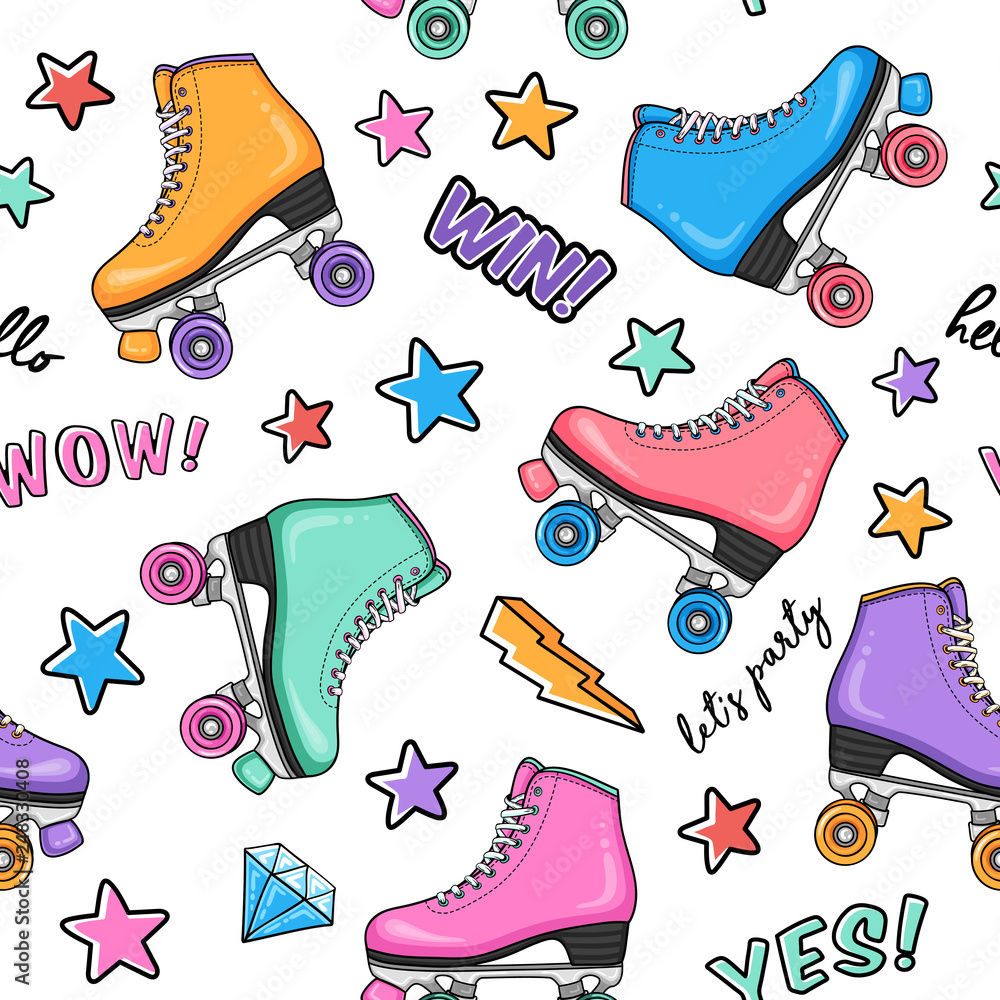 Fashion seamless pattern with retro colorful roller skates, stars, flashes,  diamonds and typography Stock Vector | Adobe Stock