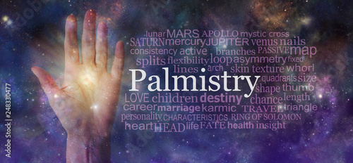 Mystical Palm Reading Word Tag Cloud Background - semi-transparent female open palm beside a PALMISTRY word cloud against an ethereal cosmic dark deep space sky background