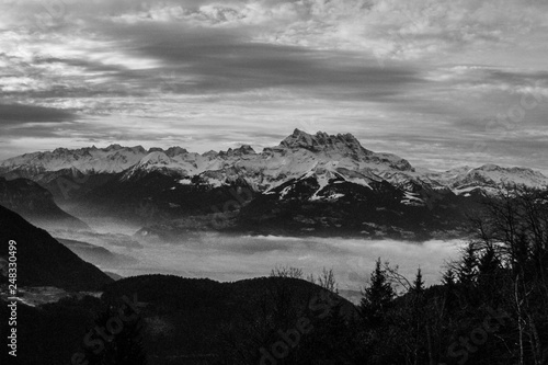 View of Les Dents du Midi from Leysin (1300m) Switzerland in December around 1600 (4pm)