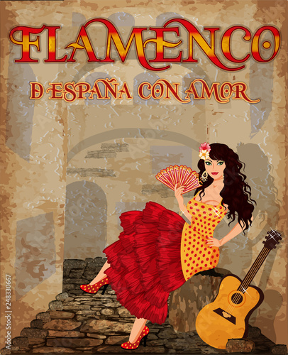 Flamenco.Translation is From Spain with Love. Elegant spanish girl with fan and flamenco guitar. Festival card. vector illustration
