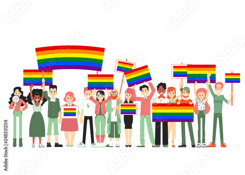 Lgbt and gay parade, protest. People holding rainbow flags, transporants, posters.
