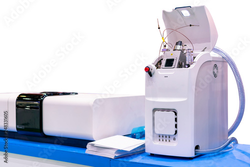 mass spectrometer device of lab for analysis property element by detect molecule for industrial food pharmaceutical nutraceuticals agriculture chemical & petrochemicals isolated with clipping path photo