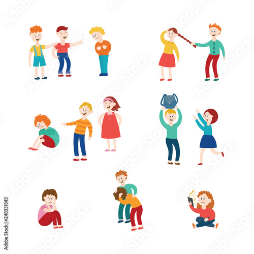 Vector flat bullying kids harassment character set