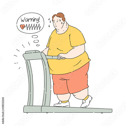 Vector overweight obese man sweating at treadmill
