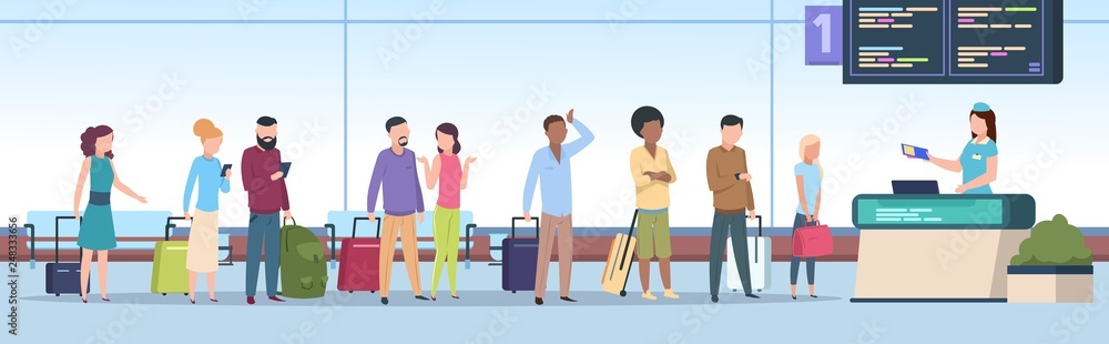 Naklejka premium Airport queue. Airplane passengers check registration airport terminal. Traveling people, baggage waiting in line gate. Vector concept