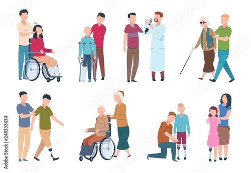 People with disabilities and friends. Disable persons in wheelchair with assistants. Happy disabled, handicapped vector characters