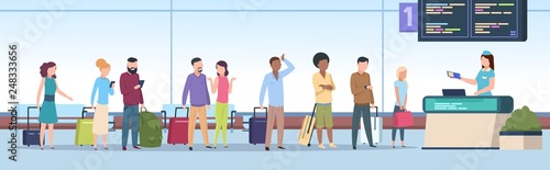Airport queue. Airplane passengers check registration airport terminal. Traveling people, baggage waiting in line gate. Vector concept