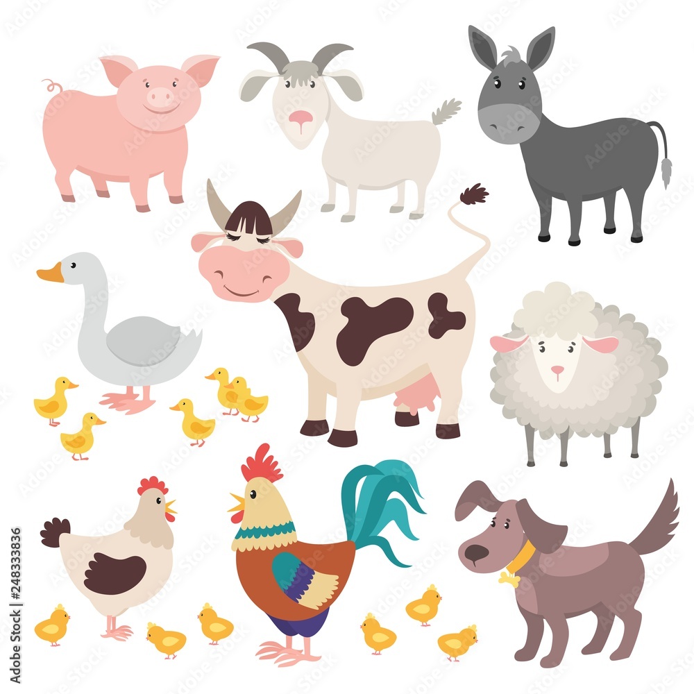 Farm animals. Pig donkey cow sheep goose rooster dog cartoon kids animal  vector isolated set Stock Vector | Adobe Stock