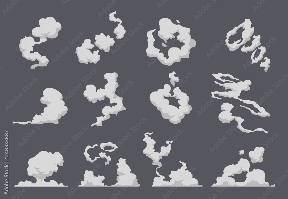 Cartoon smoke cloud. Comic steam explosion dust fight animation fog  movement smog motion game smoke. Vector gas blast set Stock Vector | Adobe  Stock