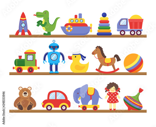 Toys on shelves. Cartoon toy on baby shopping wooden shelf. Dinosaur robot car doll isolated vector set