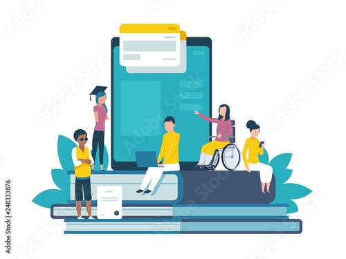 Disabled people concept. Human with disabilities happy patient hospital treatment companions of injury patients. Vector disable poster