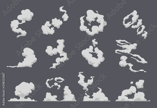 Naklejka Chmura dymu kreskówka. Komiks eksplozji pary kurz animacja ruch mgły ruch smog gry dym. Zestaw do wybuchu gazu wektorowego