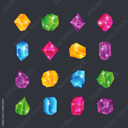 Cartoon gems. Gem stones jewels diamonds topaz stone emerald ruby sapphire glance clear glass brilliant isolated ui award vector icons