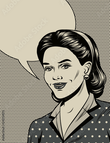 Black and white vector illustration in the style of the 40s. Beautiful girl smiling. Poster in vintage style. Fashionable housewife with empty place for text. Graphic design with comic elements.