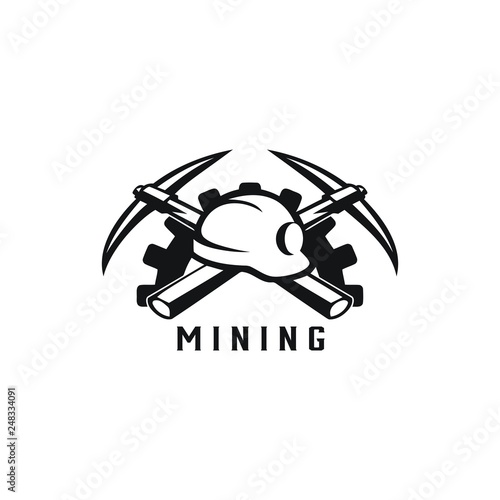 Mining emblem work, Retro mining logo with hard hat helmet and two crossed pickaxes. Stylish monochrome vector illustration.