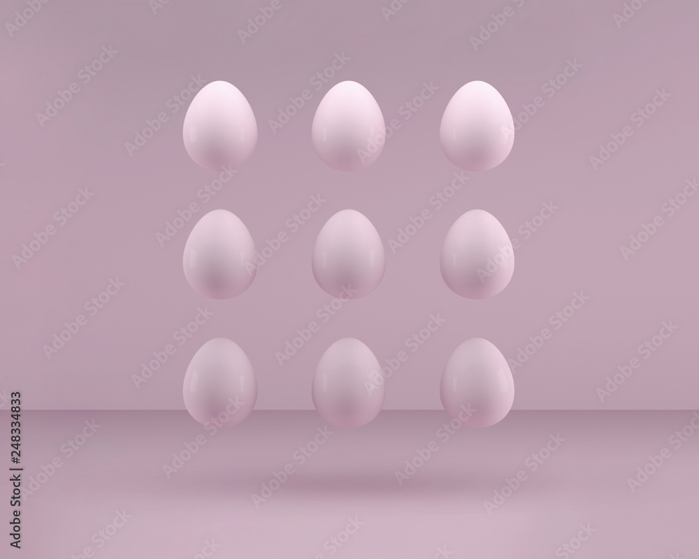 Nine pink plastic eggs levitate in pink studio 3d render of easter concept trendy Nine pink plastic eggs levitate in pink studio 3d render of easter concept trendy