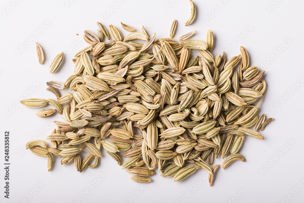 Closeup of dry fennel seeds, top view