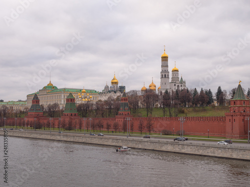 Sunny summer day moscow river bay kremlin panorama .