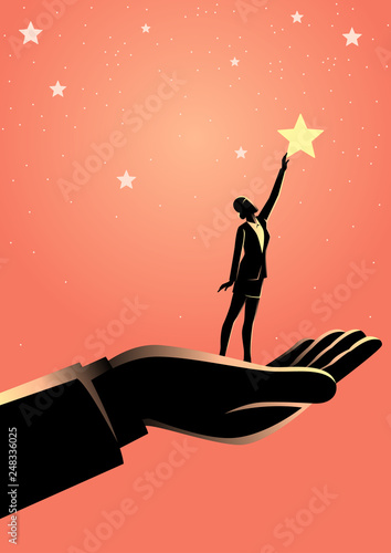 Giant hand helping a business woman to reach out for the stars