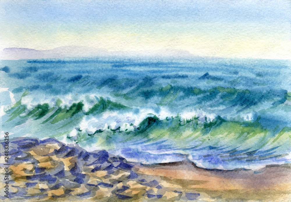 Watercolor sketch from nature. Sea sandy beach