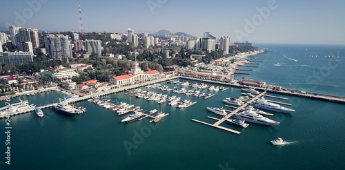 Yachts and boats anchored in the port of Sochi. Russia. Aerial view