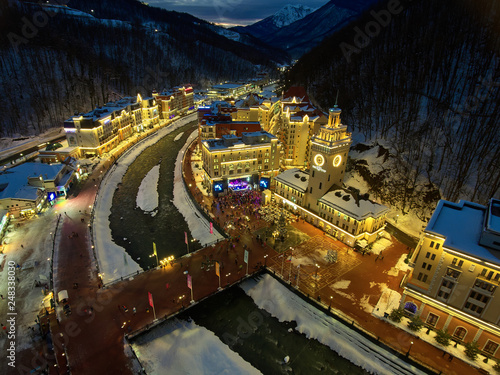 Olympic village Roza Khutor. Aerial view. Night lights