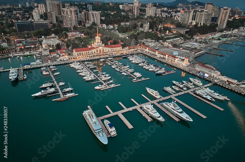 Marine station - station complex Port of Sochi in the central region of Sochi, Krasnodar Krai, Russia. Aerial view