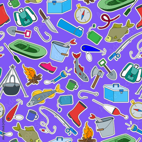 Seamless pattern on the theme of fishing, a simple hand-drawn patch icons on purple   background