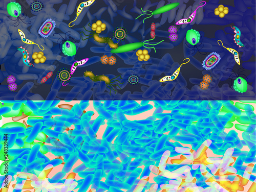 Pathogenic microflora in the intestine background. Dysbacteriosis. Dysbiosis. Killed good bacterium flora. Background blue lactobacillus, bifidobacteria, probiotic, prebiotic. Infographics. Vector.