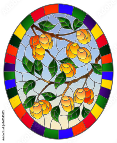 Illustration in stained glass style with branches, leaves and fruits of peaches, oval image in a bright frame