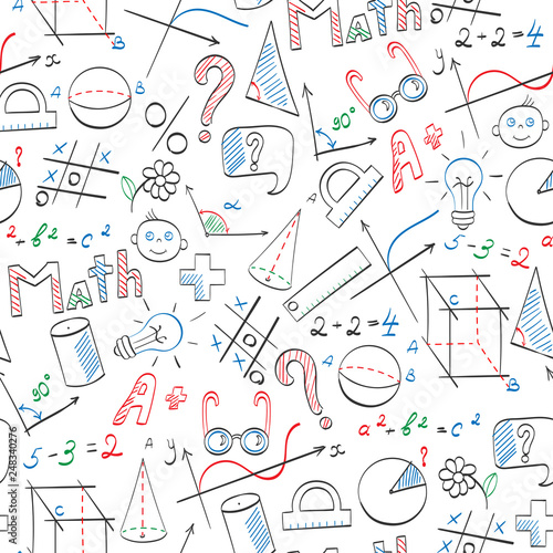 Seamless pattern on the theme of the school, of education and of the subject mathematics, the hand-drawn graphics, formulas, and icons painted with colored markers on white background