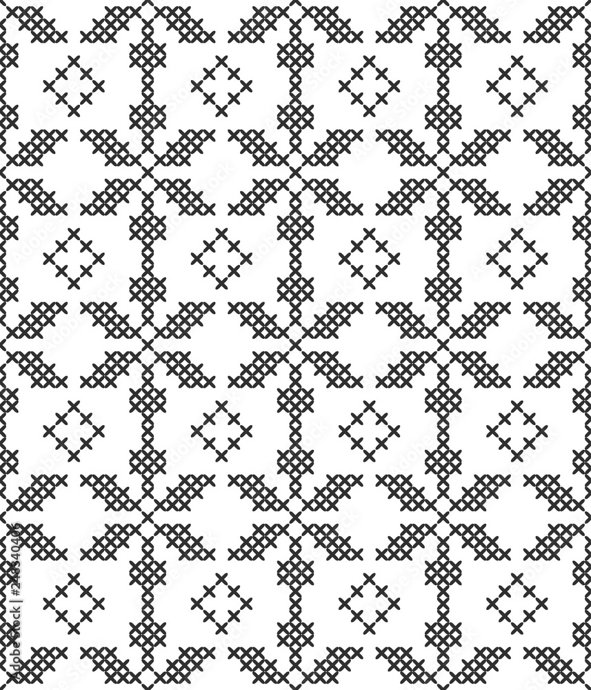 Cross stitch, seamless decorative pattern. Embroidery and knitting. Abstract geometric background. Ethnic ornaments.