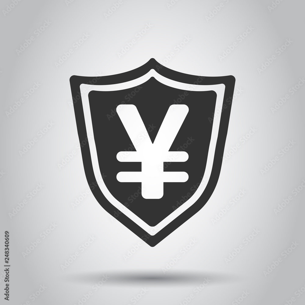 Obraz premium Yen, yuan shield money currency vector icon in flat style. Yen coin protection symbol illustration on white background. Asia money business concept.