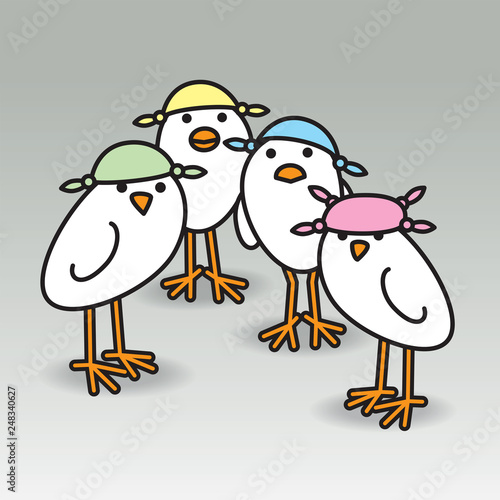 Four White Chicks wearing Coloured Handkerchiefs on Heads.