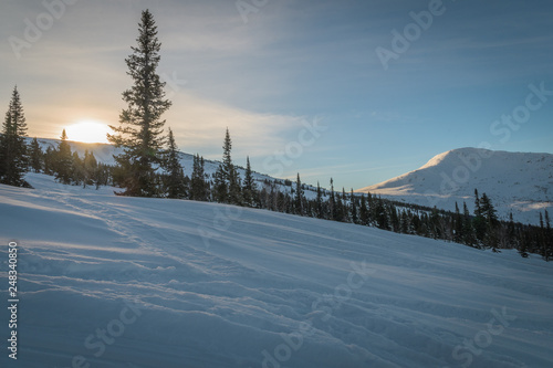 Sunset in mountains in winter at Sheregesh, Siberia