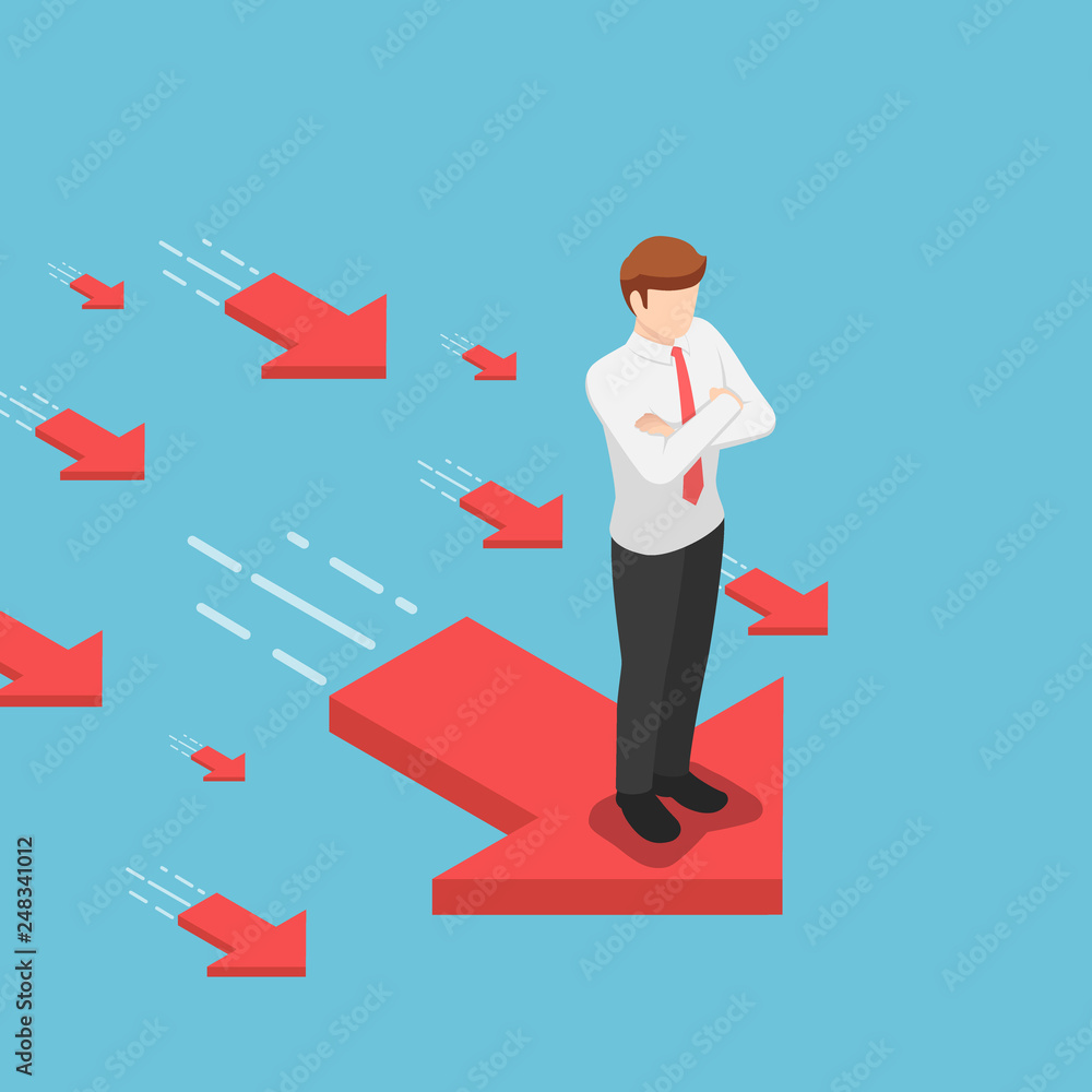 Isometric businessman standing on red arrow with his arms crossed