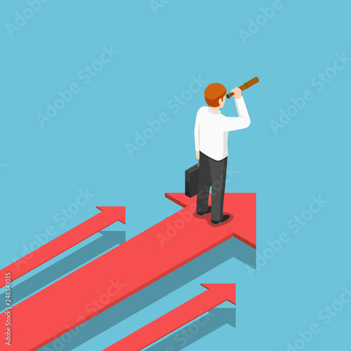 Isometric businessman with telescope standing on arrow