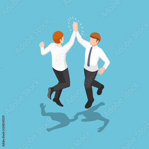 Isometric two businessmen jumping and giving high five in the air