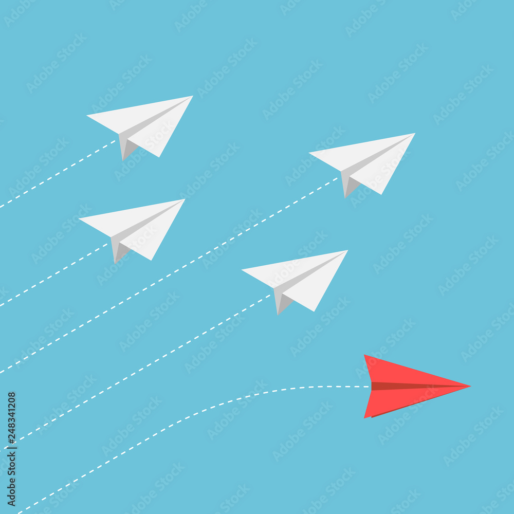 Isometric red paper airplane changing direction from the group