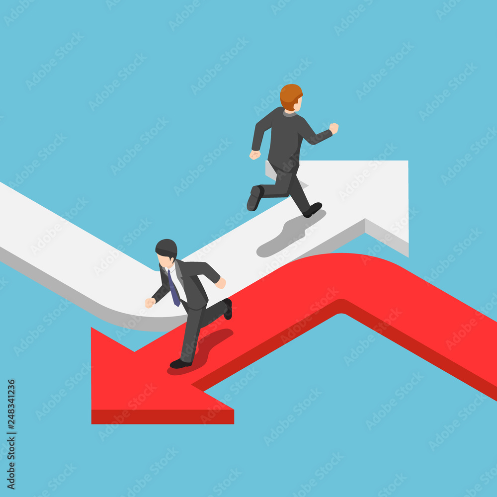 Isometric businessman running on the different arrow in the opposite direction Isometric businessman running on the different arrow in the opposite direction