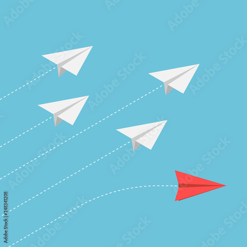 Isometric red paper airplane changing direction from the group