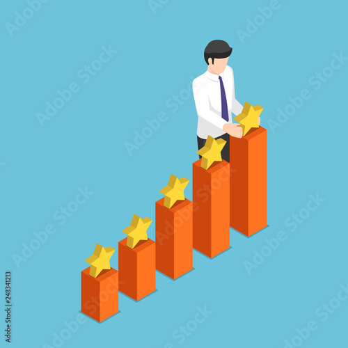 Isometric businessman putting star on the top of growth business graph