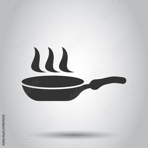 Frying pan icon in flat style. Cooking pan illustration on white background. Skillet kitchen equipment business concept.