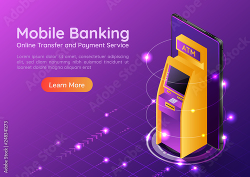 Isometric web banner ATM machine on smartphone screen