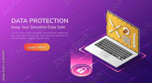 Isometric web banner laptop with security vault door on the screen.